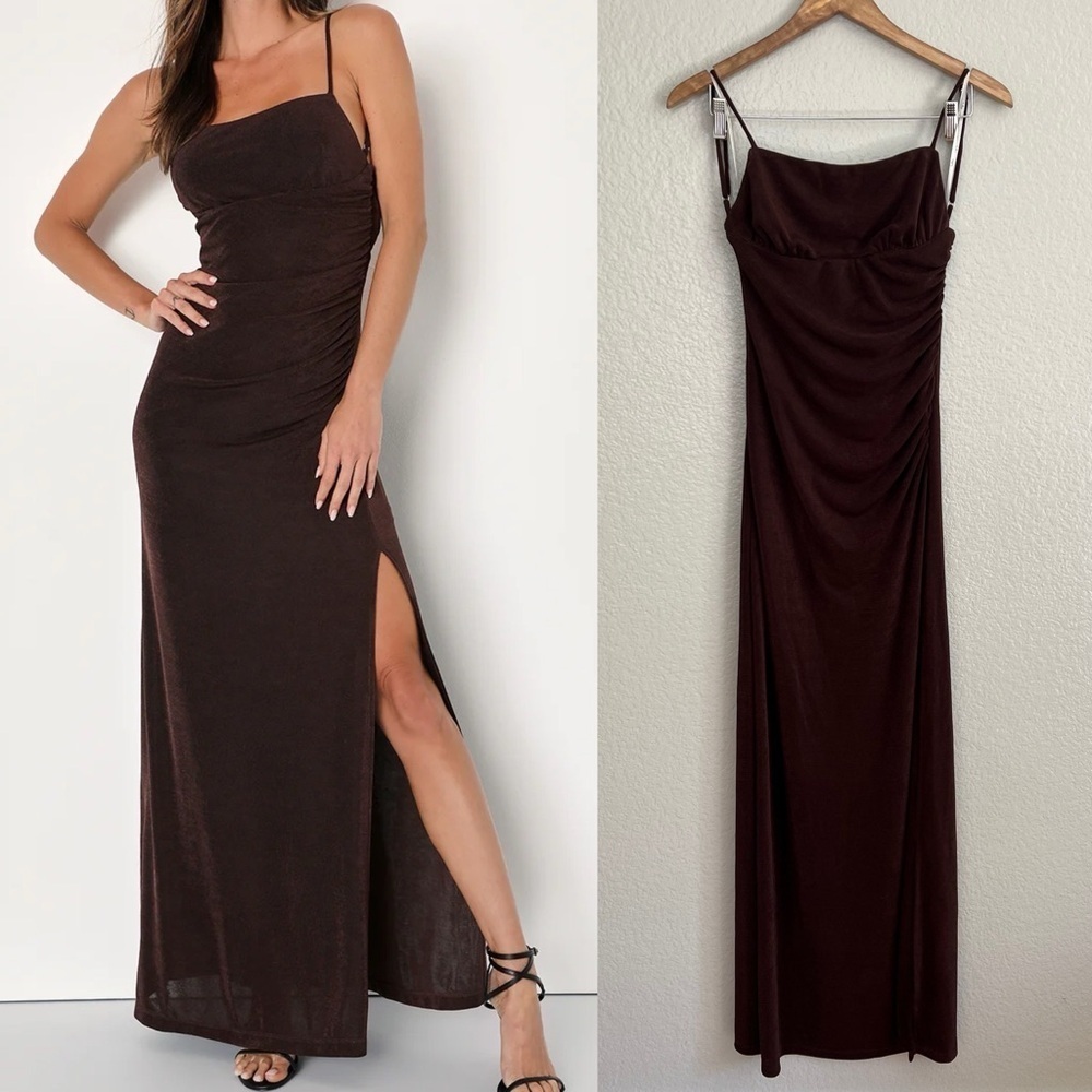 Complete Catch Brown Backless Lace Ruched Maxi Dress